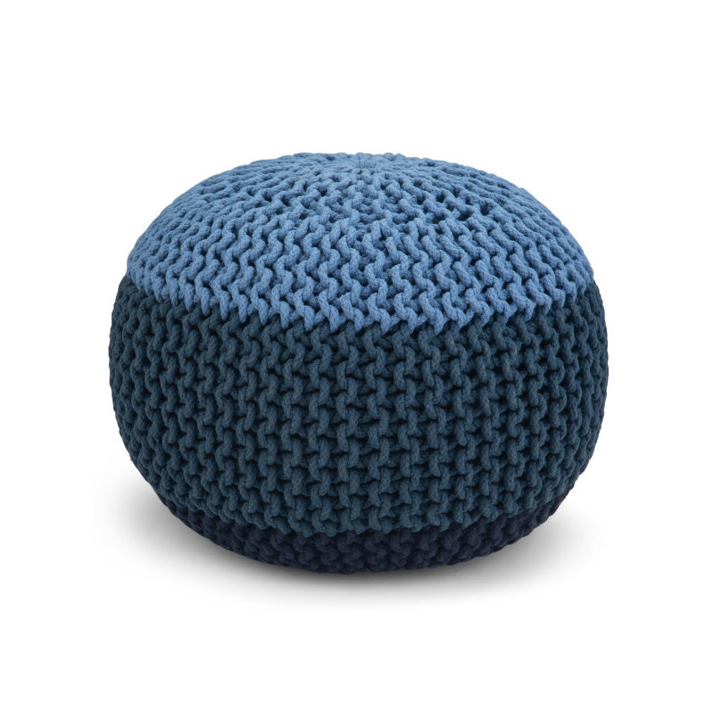 20"W Hand Knit Round Pouf, Blue/Navy Blue Polypropylene/Olefin