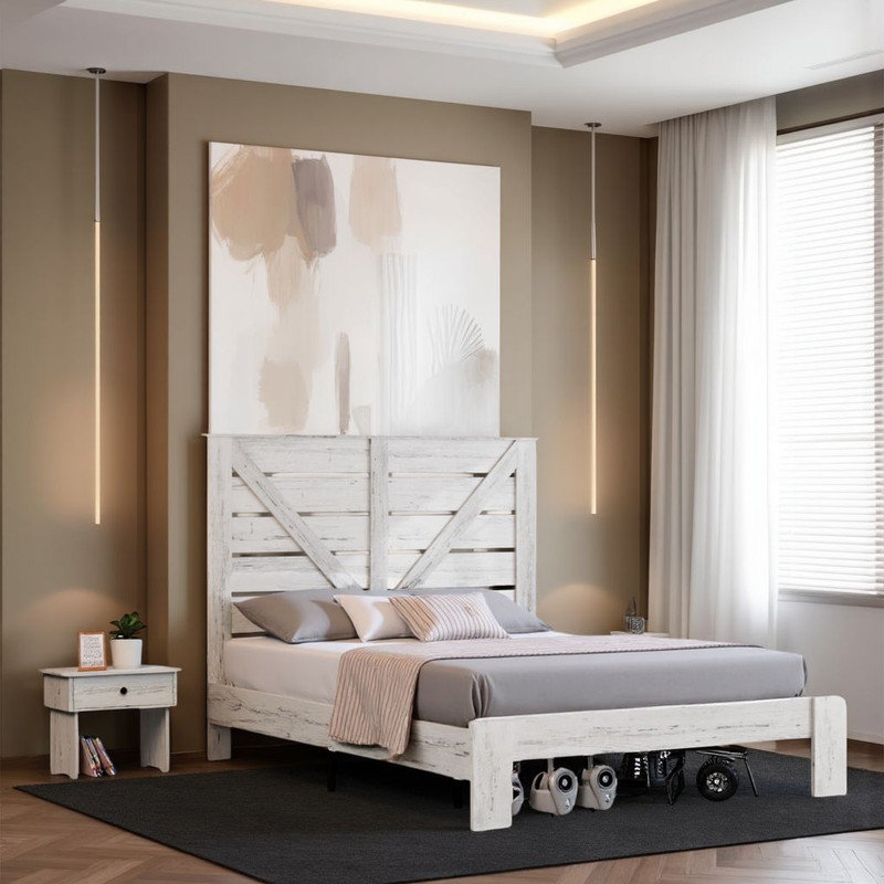 Industrial Bed Frame, Wood Platform Bed Frame, Noise Free,No Box Spring Needed and Easy Assembly Tool, White, King