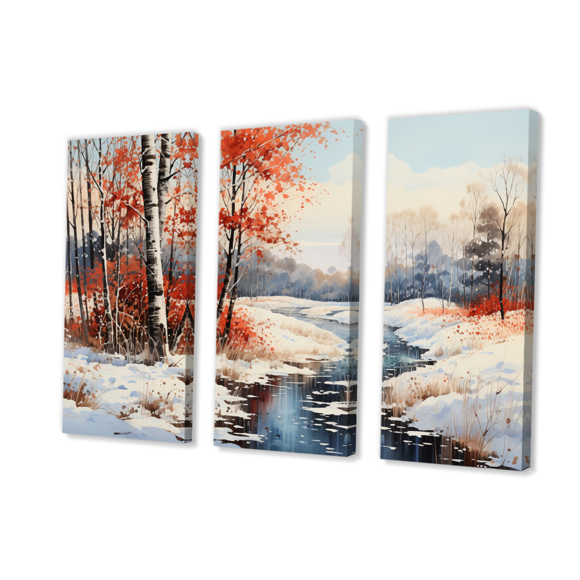 Millwood Pines Winter Landscape Frozen River I On Canvas 3 Pieces Print ...