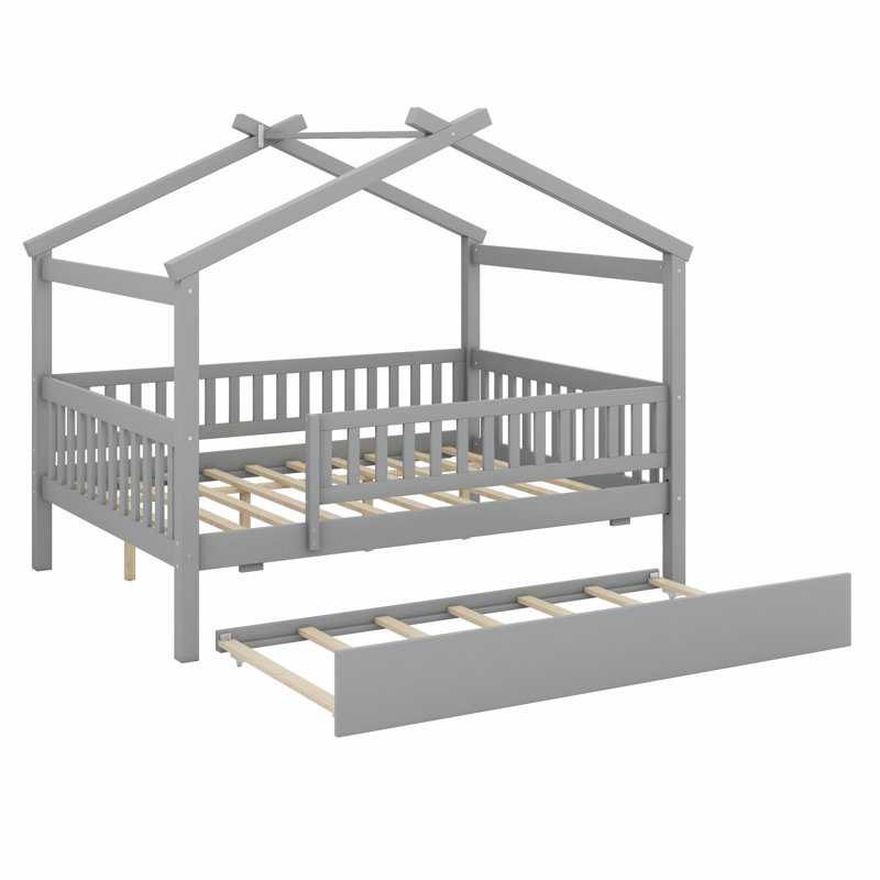 Wooden House Bed With Trundle, Gray