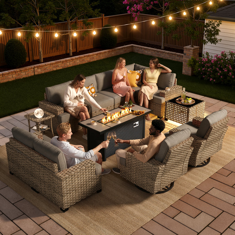 Outdoor Wicker 9 Person Modular Sectional Patio Seating Group With Swivel Rocking Chairs And Fire Pit Table, Dark Gray