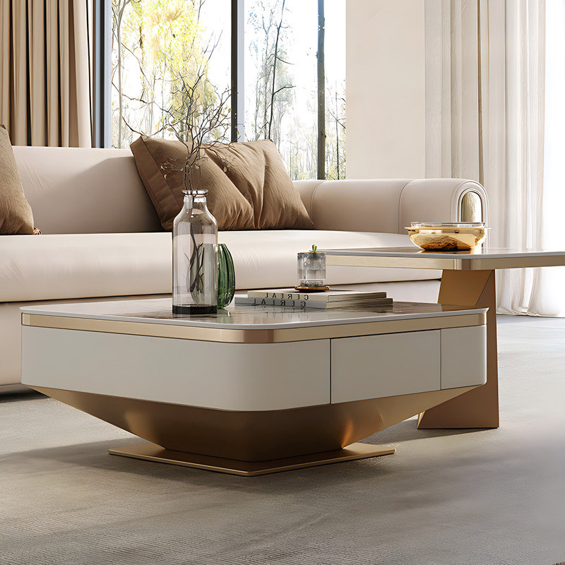Luxury No Assembly Needed 2-Piece Coffee Table Set with Gold Base Storage Drawer Cofee Table for Living Room