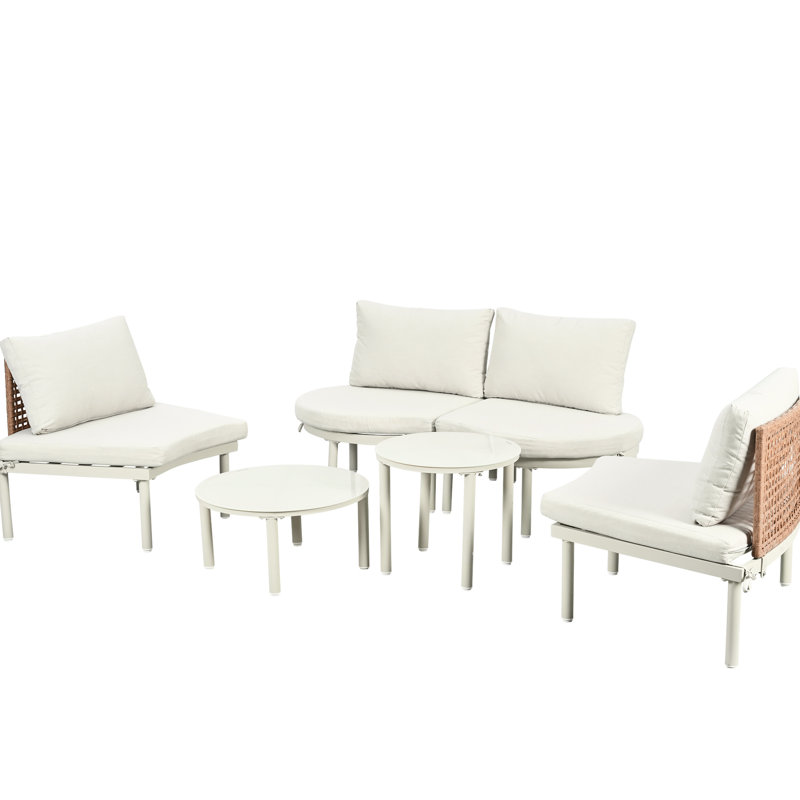 6 Patio Furniture : Half Moon Sectional Design, 2 Coffee Tables, Pe , Tempered Glass, And 4 Comfortable Removable Pillows Furniture: Design With