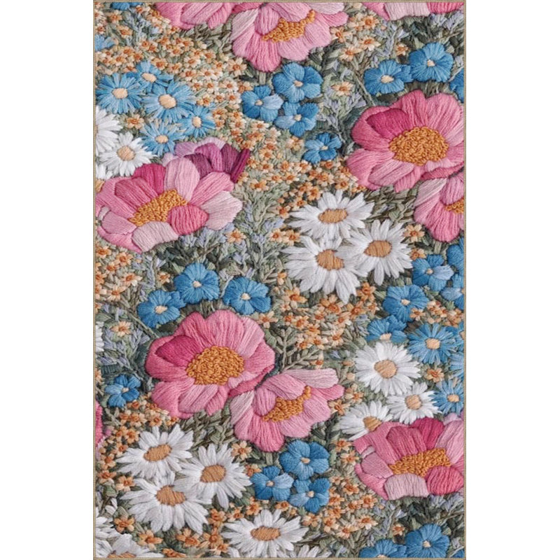 Tapis bleu tissé à motif floral lavable à la machine, Carré 3 pi 3 po