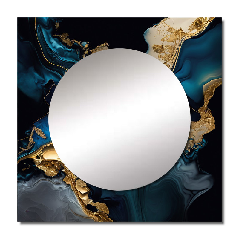 «Abstract Geode Marble Blue IV» - Grand miroir carré abstrait en marbre pour décoration murale, 23 po x 23 po