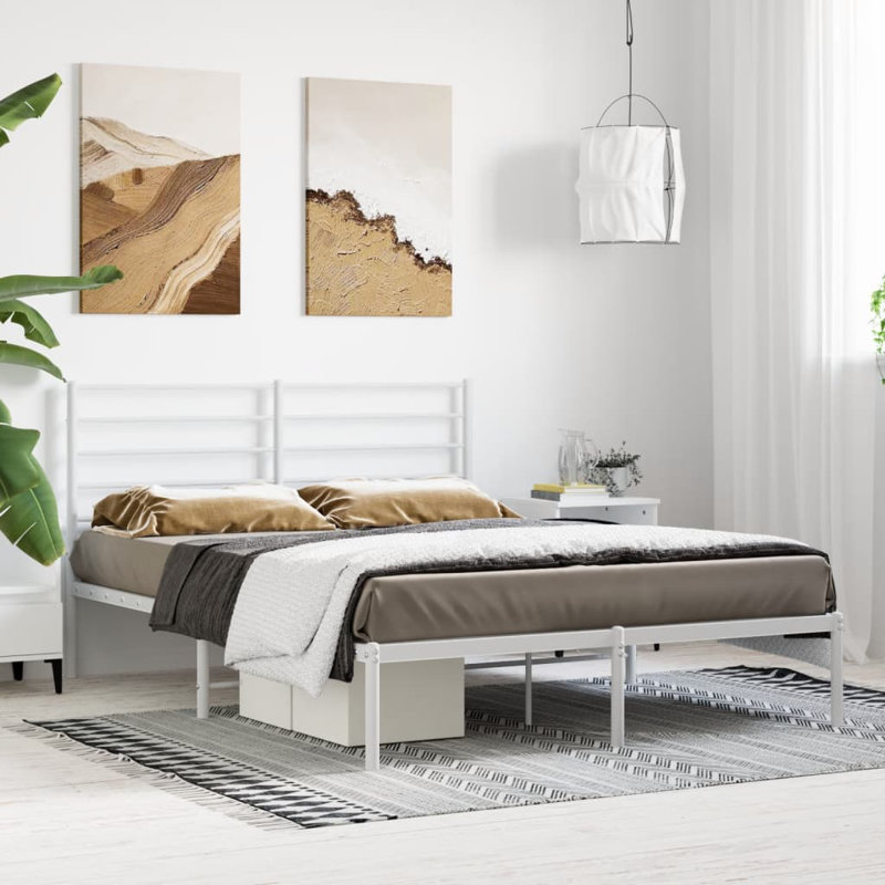 Metal Bed Frame with Headboard & Slats, No Mattress, Easy Assembly, Queen, White