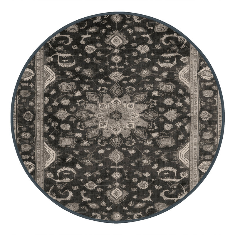 Machine Washable Tabriz Black Area Rug, Round 4'