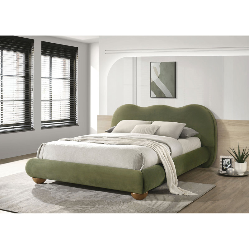 Grand lit olive, rembourré Boucle, mobilier de chambre transitionnel, soutenu par des pieds en bois, Queen, Olive Green
