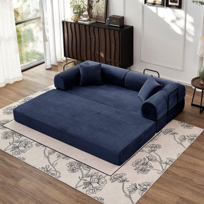 4-in-1 Convertible Corduroy Sofa Bed - Folding Floor Futon Sleeper with Pillows, Boneless Lounge Loveseat for Living Room Bedroom,Blue