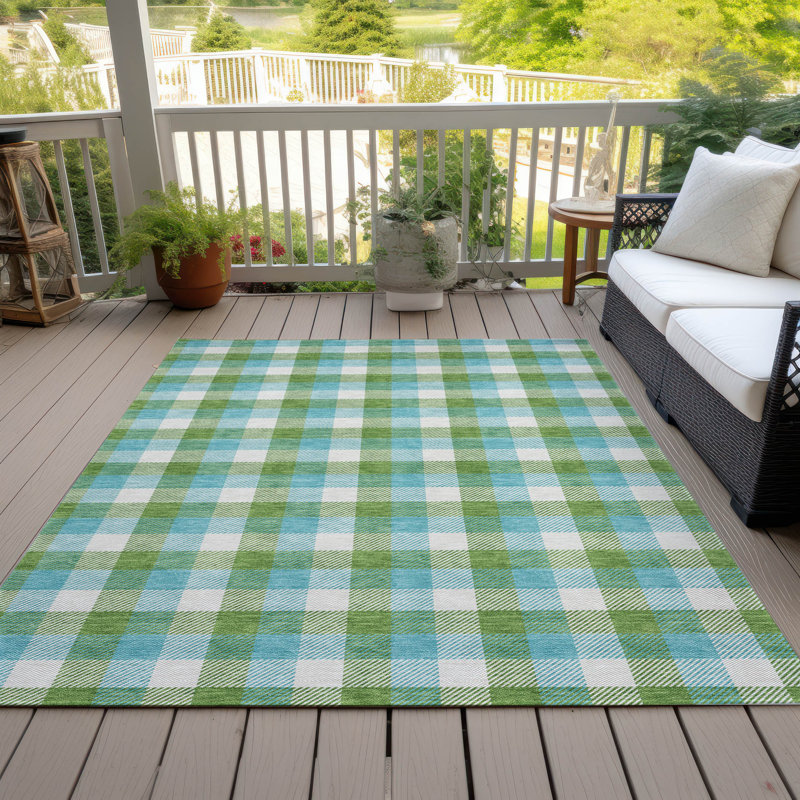 Lime and Blue Plaid Synthetic Washable Area Rug