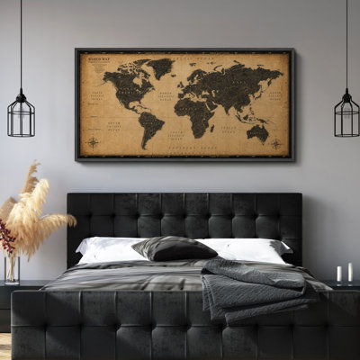 Antique Style World Map Navigation Chart Artwork - Large Framed Canvas Master Bedroom Wall Art Print