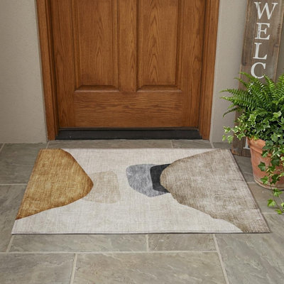 2' X 3' Tan Brown and Grey Abstract Washable Non Skid Indoor Outdoor Area Rug