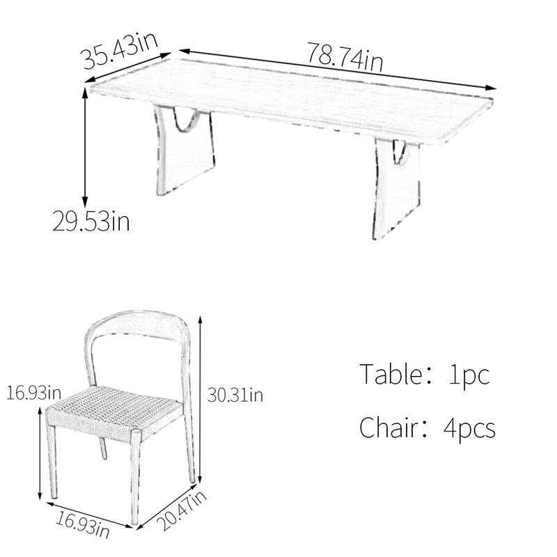 Ensemble de table de salle à manger simple en bois de frêne massif, H 29,53 po x L 78,74 po x l 35,43 po, 5, Blanc