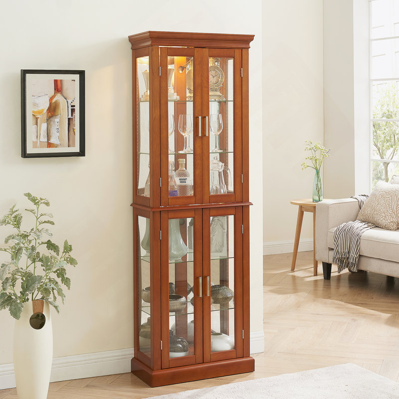 Lighted Curio Display Cabinet With Adjustable Shelves And Mirrored Back For Showcasing Various Collections In Style, Walnut