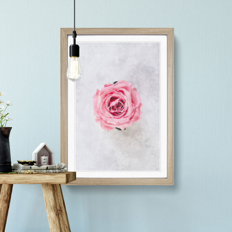 Lone Pink Rose - Framed Print, 33cm H x 24cm W x 2cm D, Oak Framed