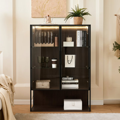 Armoire éclairée de 51,2 po de hauteur avec porte en verre trempé - cadre en métal, éclairage à DEL, minimaliste moderne pour le salon, le bureau, le cadre d'étude et l'éclairage