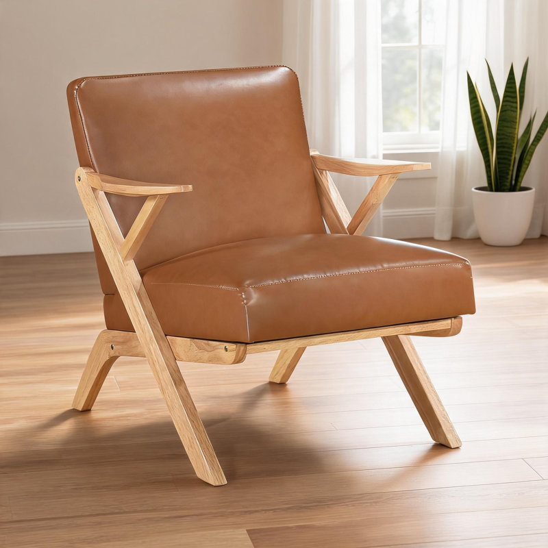 Fauteuil d'appoint compact avec structure en bois d'hévéa et revêtement en similicuir brun pour le salon, Brun, Naturel