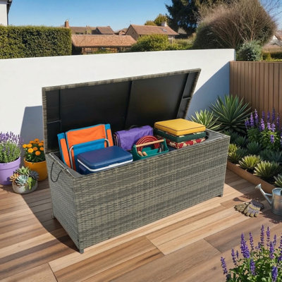 Contenant de rangement extérieur, coffre de terrasse de style osier de 113 gallons avec couvercle, conçu pour ranger les coussins d'extérieur, les jouets pour enfants, les oreillers et les serviettes dans une finition en osier gris