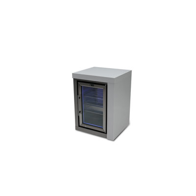 Mont Alpi 25"W x 23"D x 35"H Deluxe 805 and 400 Series Stainless Steel Outdoor Fridge Cabinet Module with White Granite Countertops and Sides + 2.7 Cu Ft Glass Door Refrigerator with Lockable Door + Thermostat + 3 Adjustable Racks + Blue Ambient Lighting