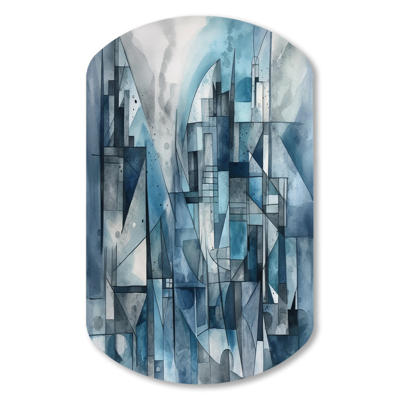 «Blue Abstracted Harmony Of Shape III», impression murale géométrique asymétrique en métal, cylindre bleu, H 31 po x l 19 po