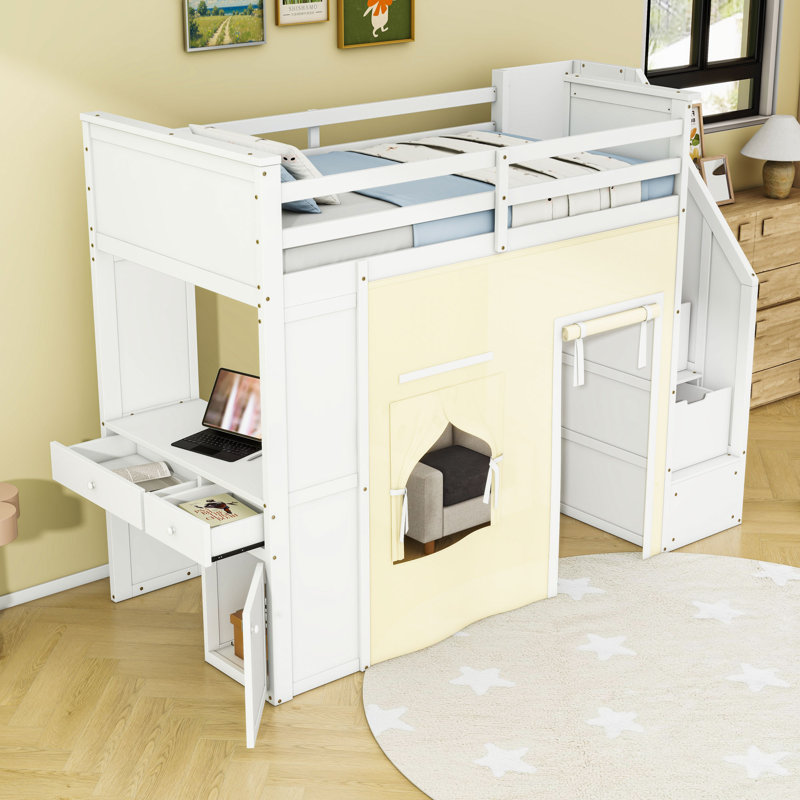 Lit mezzanine simple en bois avec bureau, escalier de rangement, tiroirs