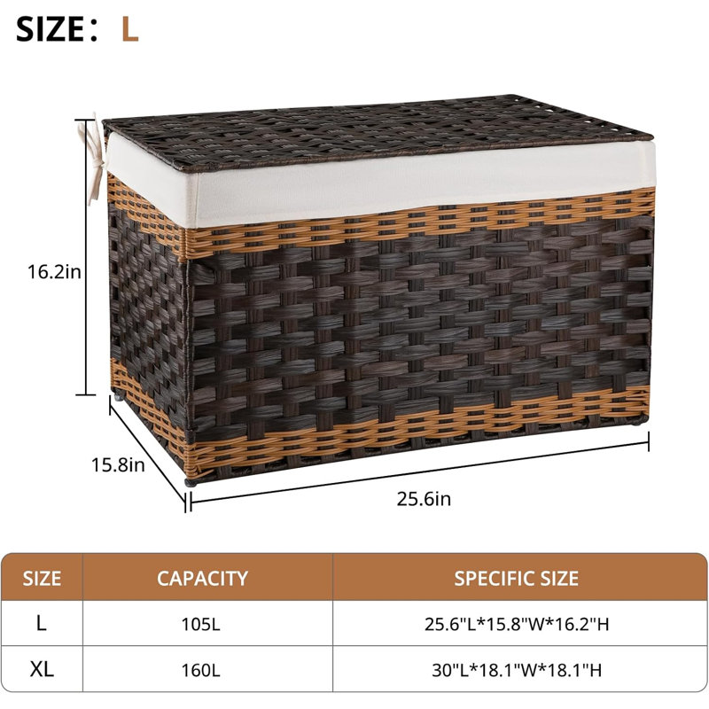 Panier de rangement avec couvercle, 105 L (27,7 gallons), panier à couvertures avec sac de doublure amovible, panier à linge en osier synthétique avec poignée, pliable, brun
