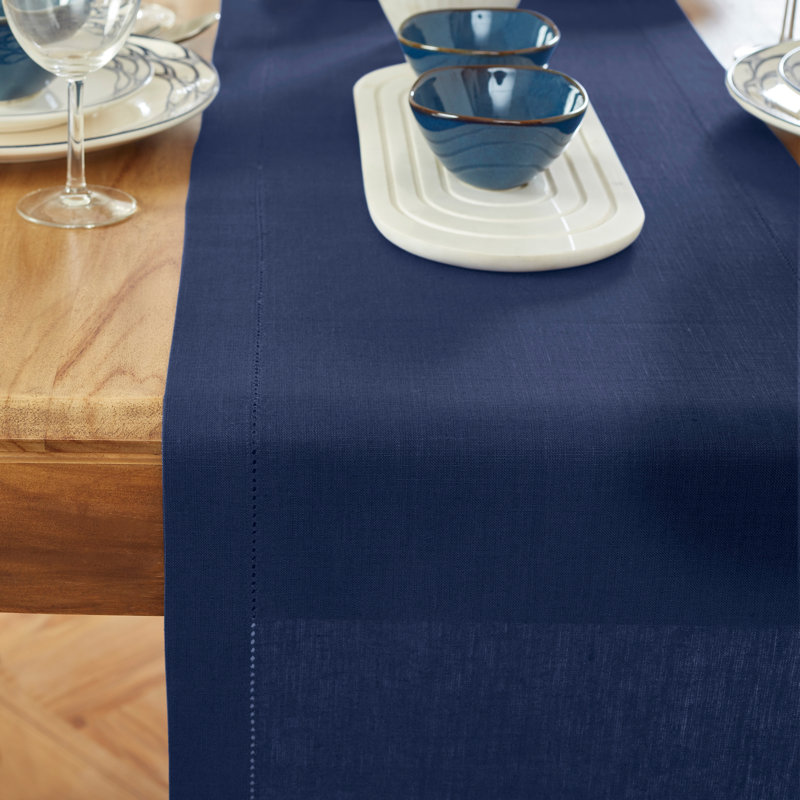 Medium Weight Hemstitch - 100% Pure Linen Table Runner, Vintage Blue, 60" x 14"