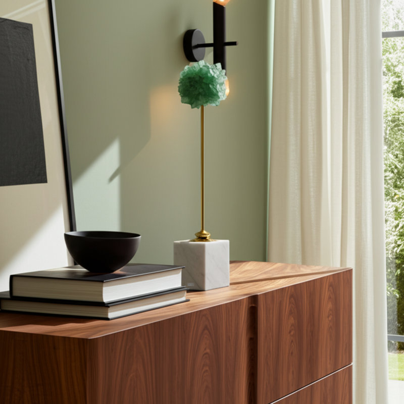 Elegant Metal Orb Statue with Stone Base for Home Decor - Modern Sculpture Object Accent for Office Styling or Living Room Decoration - Green & Gold