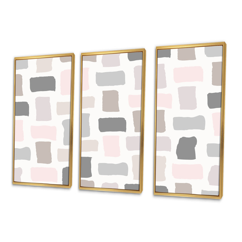 "Pink and Grey Pastel Rectangles I", 3 pièces, cadre flottant, impression sur toile, H 32 po x l 48 po, Cadre doré