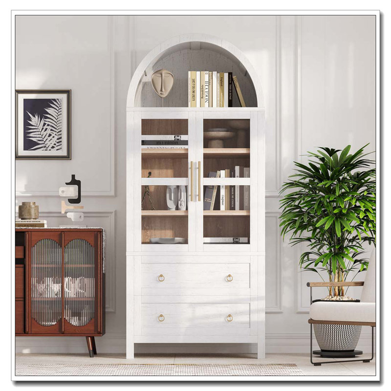 71″ Tall Arched Kitchen Pantry Cabinet with Glass Doors and Drawers, White