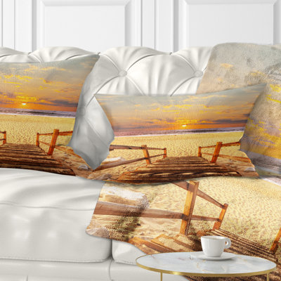 Brown Wooden Boardwalk into Beach - Pier & Bridge Printed Throw Pillow