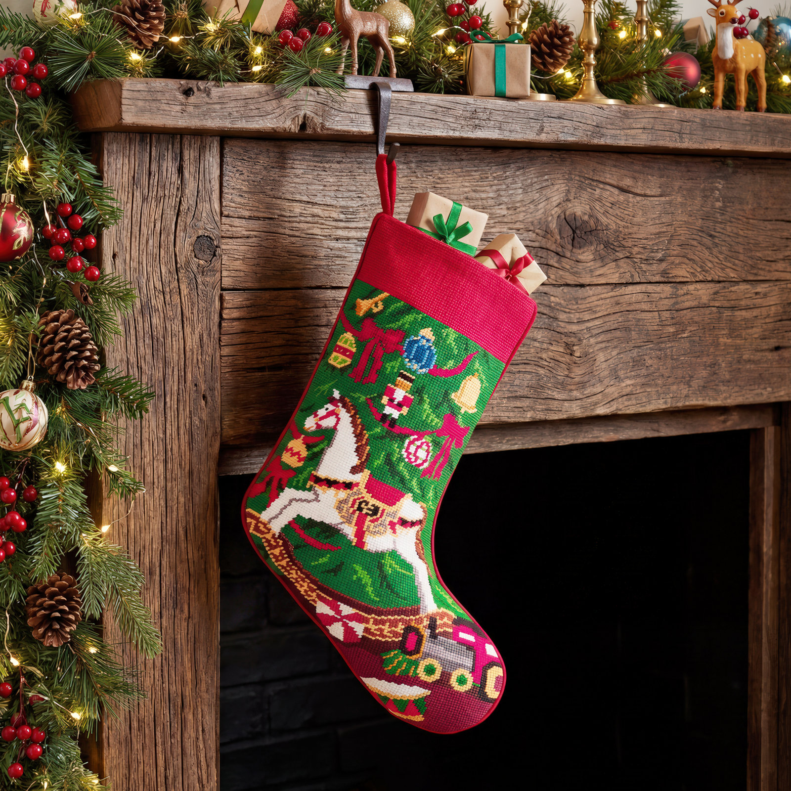 Holiday Rocking Horse Embroidered Needlepoint Stocking