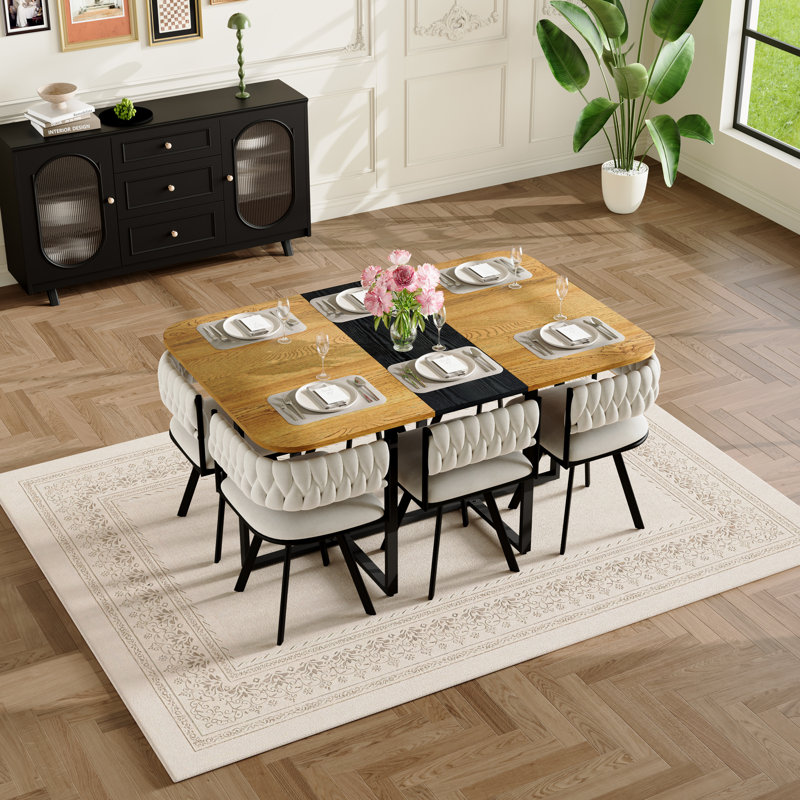 Ensemble de table de salle à manger 7 pièces rectangulaire, plateau de table fixe en grain de bois bicolore et triamine noire avec 6 chaises en velours beige, ensemble de table de cuisine moderne pour 6 personnes, idéal pour les petits espaces, appartement