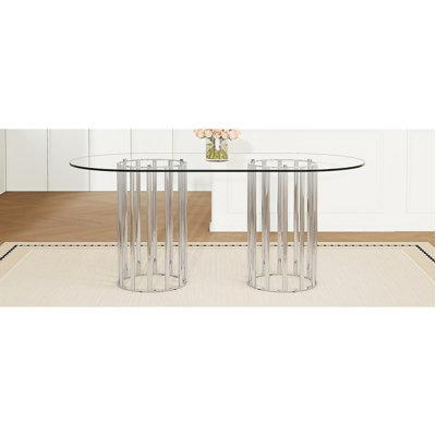 Table de salle à manger de 71 po en verre trempé ovale, double colonne argentée de style luxueux, verre trempé résistant aux égratignures et facile à nettoyer. Convient pour une salle à manger de 6 à 8 personnes, table de restaurant moderne de luxe légère.