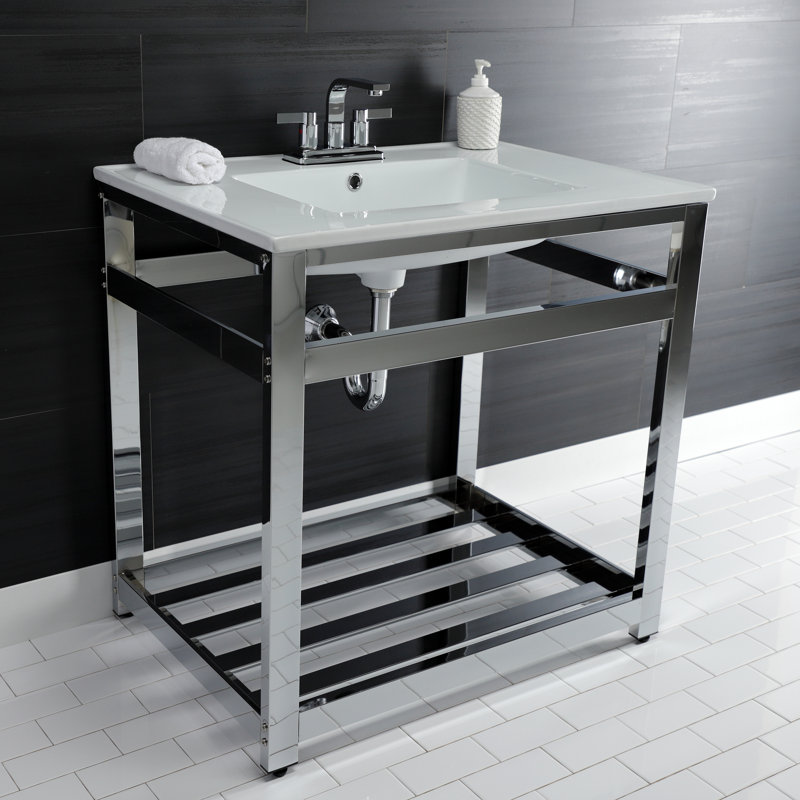 Kingston Brass Quadras 31-Inch Ceramic Console Sink with Steel Base and Shelf, White/Chrome, 4" Centers
