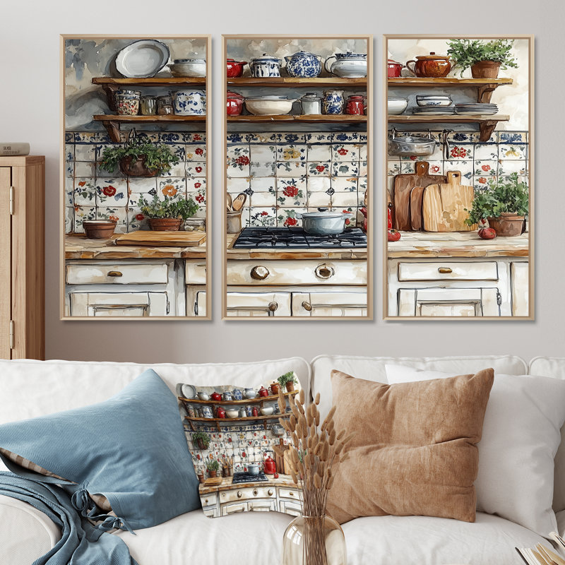 Country Kitchen Rustic Dream II - ensemble de reproductions d'art mural de cuisine, Toile naturelle avec cadre flottant
