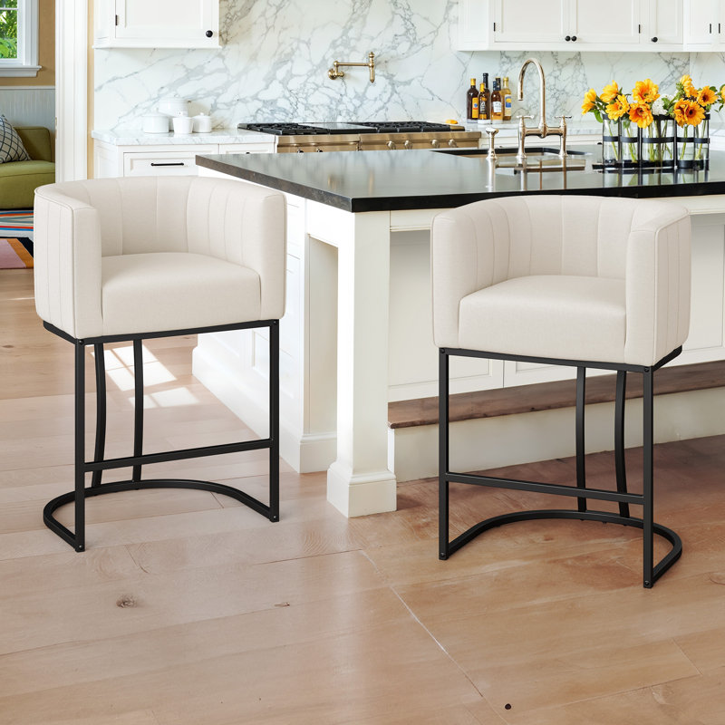Tabouret de bar 26,4 po de hauteur, Siège beige / structure noire, Lin lin
