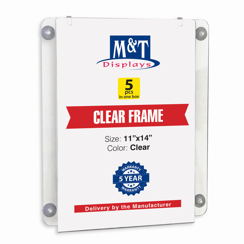 Porte-affiche M&T Affiche 11 x 14 en acrylique de qualité supérieure | Cadre double portrait transparent avec 4 ventouses | Anti-reflets pour vitrines, portes, verre - Affiche facile et changement de menu - paquet de 5