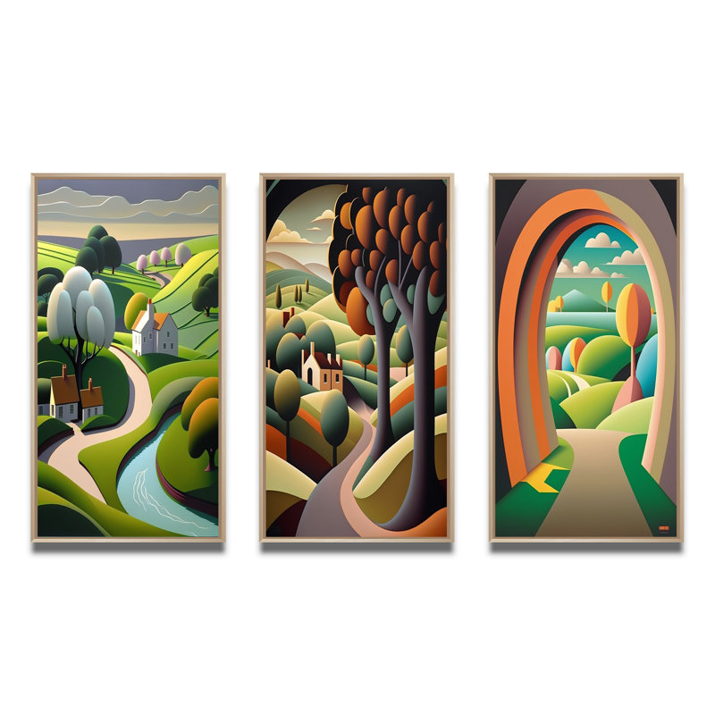 «Little Spring River In Abstract Green Mountains», 3 pièces, H 36 po x l 28 po, Cadre naturel flottant