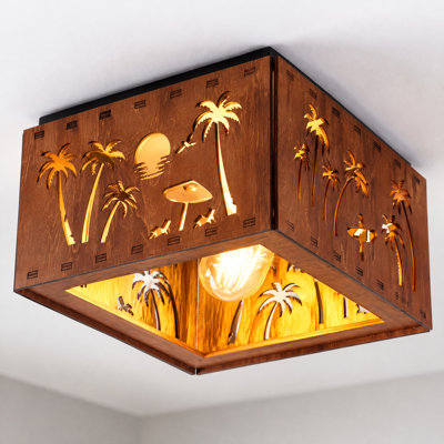 11'' 2-Light Square Farmhouse Tropical Vacation Flush Mount Ceiling Light, Rustic Wood & Metal Fixture