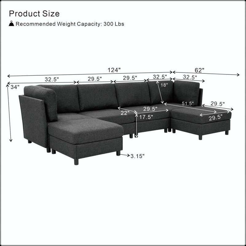 Canapé modulaire d'angle avec repose-pieds convertible, L 124 po, Polyester GRIS FONCÉ