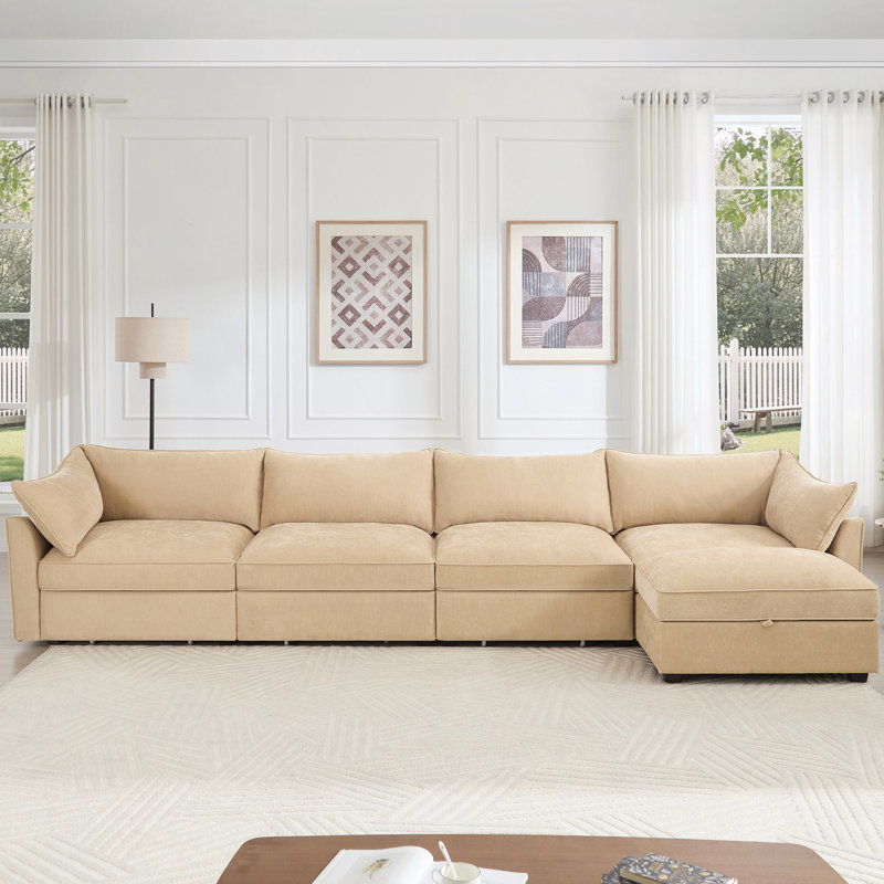 Canapé modulaire en forme de L à 4 places, avec 1 repose-pieds mobile, accoudoirs en forme de croissant et coussins de dossier et d'accoudoirs enveloppants, plus un tiroir de rangement coulissant sous chaque siège, tissu chenille