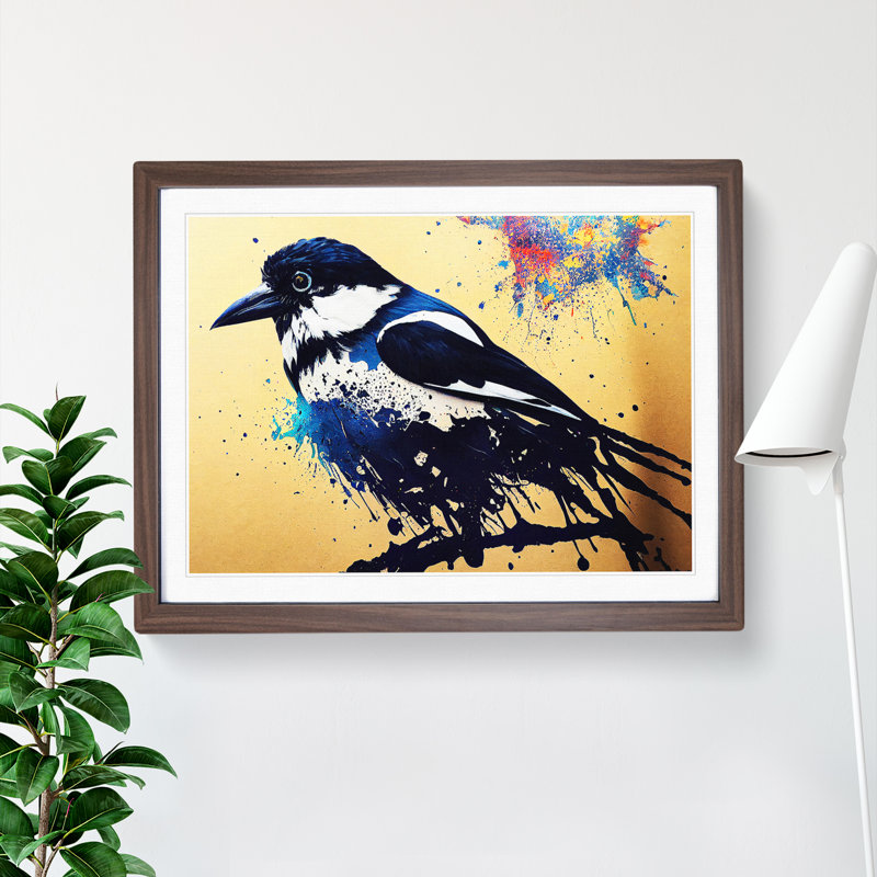 Magpie Bird Splash Vol.4 Abstract 1 Piece Single Picture Frame Painting, 34cm H x 46cm W x 2cm D, Walnut