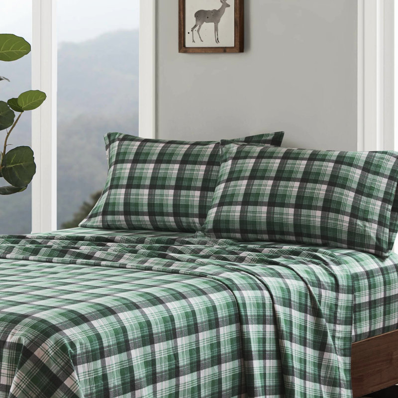 4 pièces pour lit double 100% flanelle de coton écossais pour un sommeil doux et paisible brossé des deux côtés, Green Plaid