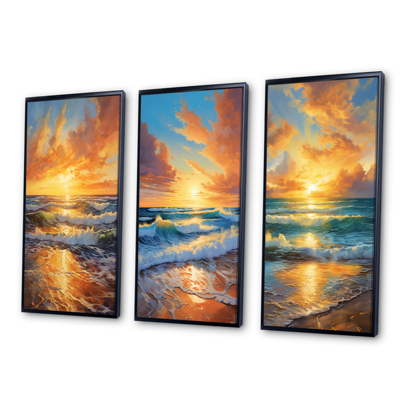 «Beach Photo Sunlit Horizons», 3 pièces, Cadre flottant noir, H 32 po x l 48 po