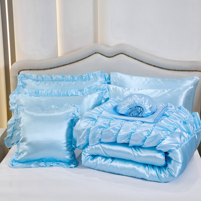 Satin Ruffle Comforter Set 8 Pieces Bed in a Bag King Size Silk Like Satin Light Blue Waterfall Ruffle Comforter Set 8 Pieces Girls Romantic Layers Ruffled Bedding Set for All Seasons