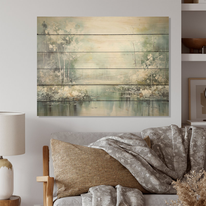 «Minimal River Forest», art liquide sur bois de pin naturel, H 24 po x l 32 po