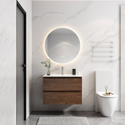 Meuble-lavabo 30 po, lavabo en céramique noire. 2 tiroirs à fermeture en douceur, chêne. Décoration luxueuse