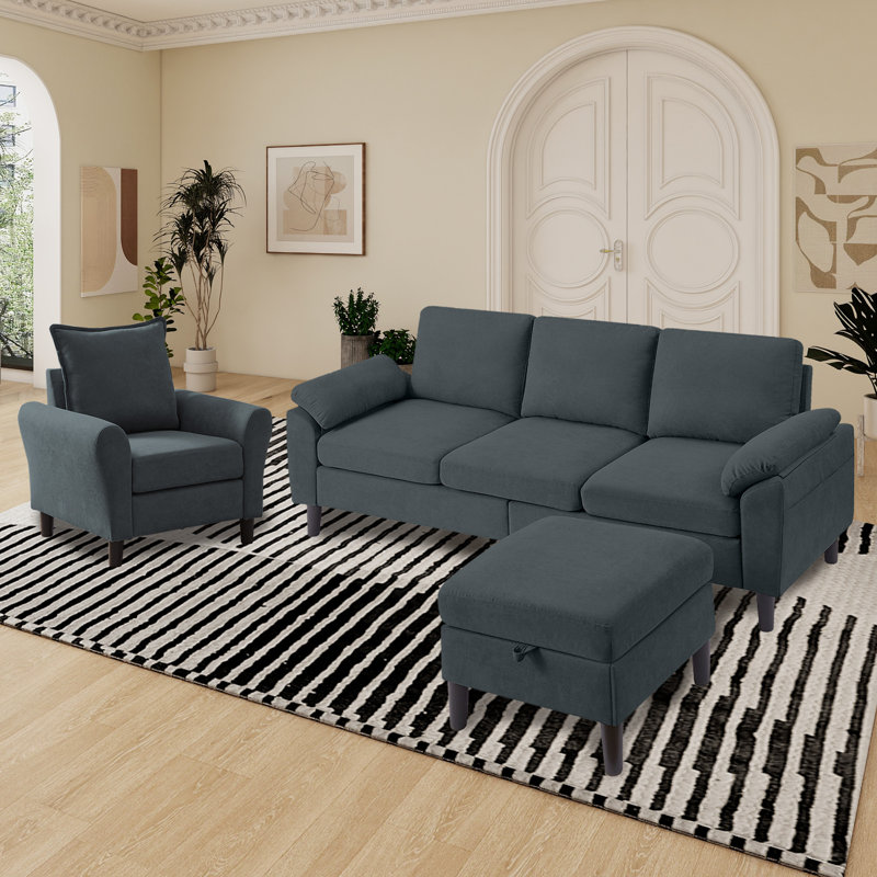 Ensemble de salon 3 pièces avec canapé et chaise de rangement Lezley, Mélange de polyester gris foncé