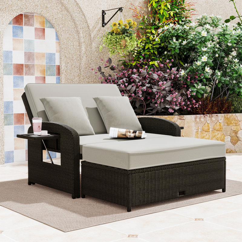 Chaise longue d'extérieur en rotin double avec coussins et dossier réglable, Gris, Gris